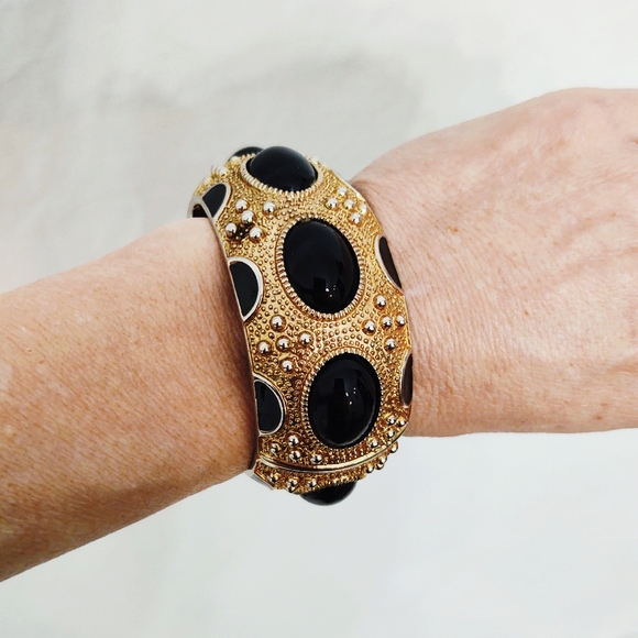 Vintage Black and Gold Oversized Studded Clamper Bracelet - Picture 2 of 4